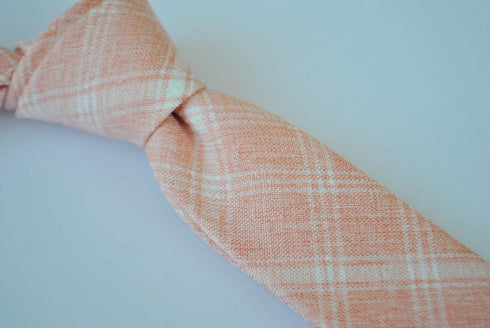 skinny peach orange and white check linen tie